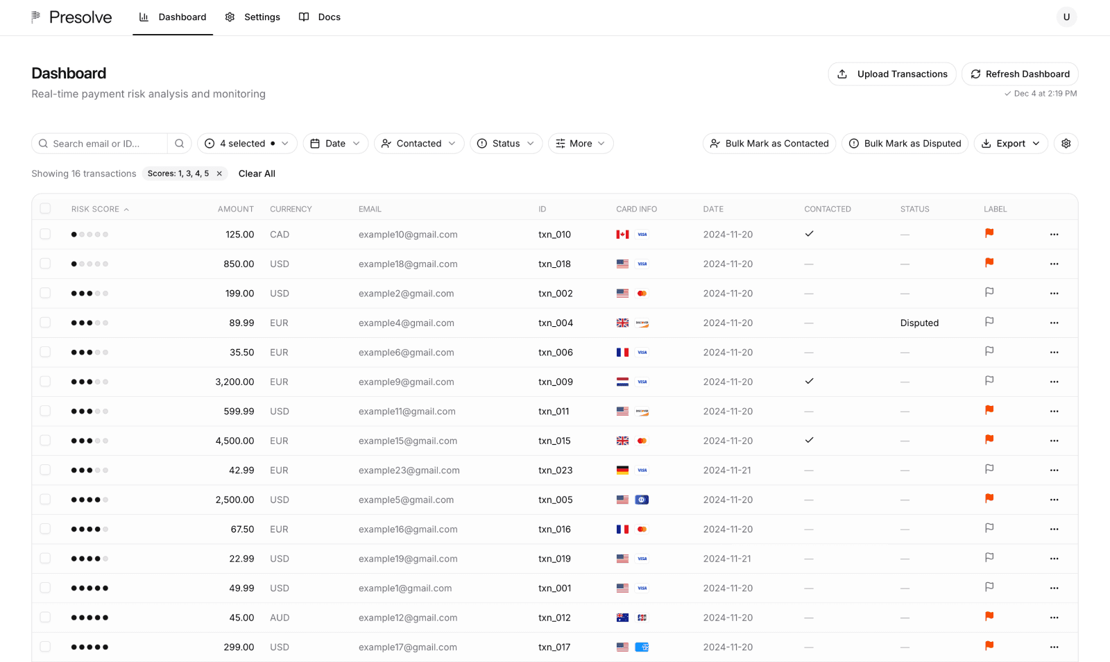 Risk Dashboard preview showing payment analysis dashboard